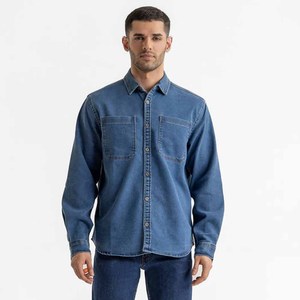 Camisa de Manga Larga de Mezclilla 100% Algodón para Hombre, Color Sólido, Cuello Clásico, Lavada, Antiarrugas, para Otoño - Product Image 1