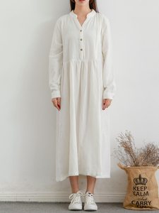 Vestido camisero de lino y algodón para mujer, vestido midi de manga larga con botones en la parte delantera, vestido informal de verano con cordón en la cintura, vestido elegante holgado - Product Image 5