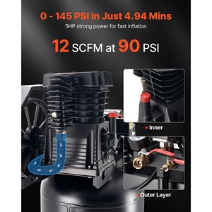 Compressore d'aria per impieghi gravosi da 5HP, 12 SCFM, 60 galloni, lubrificato a olio, pressione massima 145PSI, pressione di lavoro 12 bar - Product Image 2