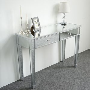 Smooth Matte Silver Finish <b>Mirrored</b> 2-Drawer Media <b>Console</b> Table Makeup Vanity and Home Office Writing Desk for Women - Product Image 4