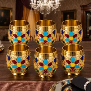 Luxury Gold <b>Enamel</b> Floral Drinking <b>Cups</b> Set of 6 Decorative Metal Tumblers Traditional Indian Drinkware - Product Image 6