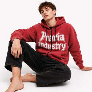 Sudadera con capucha y cremallera completa para hombre, de algodón grueso, con cordón, estampada, roja lavada, estilo casual de invierno, ecológica, para streetwear y chándal - Product Image 6