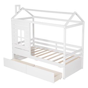 Letto a casetta in legno bianco per bambini, misura Twin, con due cassetti contenitore - Product Image 6
