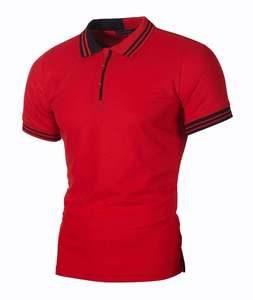 เสื้อโปโลผู้ชายทรงเข้ารูปสีเทา ผ้าถัก แต่งขอบตัดสี แขนสั้น ดีไซน์เรียบง่าย สีพื้น - Product Image 4