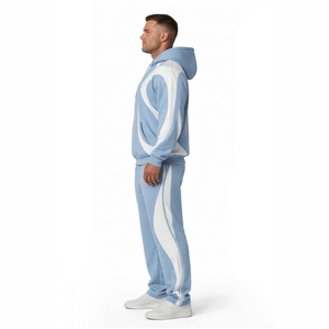 Ensemble de survêtement en molleton bleu ciel pour homme, avec logo personnalisé, sweat à capuche et pantalon de jogging, panneaux contrastants, style streetwear, ensemble deux pièces - Product Image 4