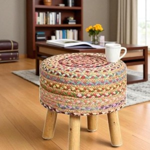 Handcrafted Beige Knitted Cotton Pouf Ottoman with <b>Wooden</b> Legs - Wholesale - Product Image 2