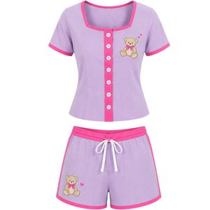Conjunto de dos piezas de shorts para mujer en lavanda y rosa, top con cuello cuadrado y botones, bordado de oso de peluche, ribete en contraste, informal, de algodón, para verano. - Product Image 1