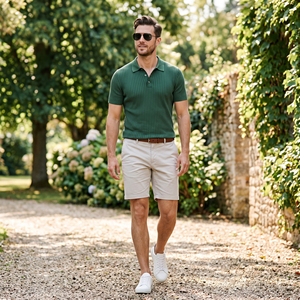 Chemise d'été côtelée en fil teint extensible pour homme, tricotée sur le devant, texture unie, coupe classique, décontractée, OEM ODM, vente en gros, usine, marque privée - Product Image 6