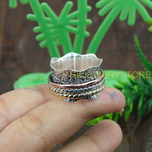 Handmade Mixed Metal <b>Spinner</b> <b>Ring</b> 925 Sterling Silver Meditation Fidget <b>Ring</b> Wide Textured BandUnisex Anxiety Relief SpinnerRing - Product Image 5