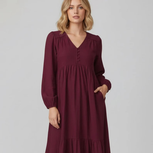 Vestido largo informal de algodón y lino para mujer, estilo bohemio, con cuello en V, manga larga, holgado y fluido, con bolsillos - Product Image 1