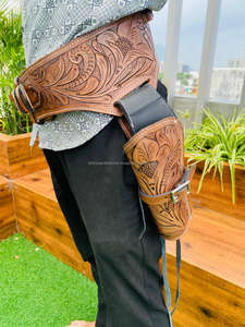 Étui de chasse Western Cowboy en cuir véritable fait à la main de qualité supérieure compatible avec bout ouvert une plate-forme avec ceintures réglables - Product Image 4