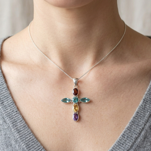 Colgante de Cruz de Plata de Ley 925 con Topacio Azul, Granate, Amatista y Citrino, Joyería Religiosa Hecha a Mano, Regalo para Mujeres y Hombres - Product Image 2