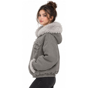 Women's Hooded Fleece <b>Jacket</b> With Fur Collar And Pockets Casual Winter Coat Gray Short Sleeve Style - Product Image 4