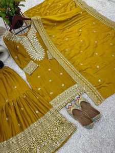 FANCY CHINON SILK EMBROIDERY SEQUENCE WORK TOP SHARARA WITH DUPATTA YELLOW 74743 - Product Image 6