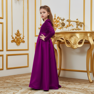 Vestido de Lujo para Niñas con Lentejuelas y Bordado de Terciopelo, Cuello en V, Manga Larga, Color Morado, para Eventos Formales, Bodas y Fiestas 2026 - Product Image 1