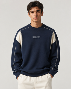 Sweat-shirt à col rond bleu marine pour homme avec manches raglan crème, logo brodé, coupe classique, pull en tricot décontracté, vêtement d'automne - Product Image 1