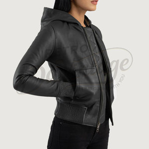 Premium Women Black Real Leather Hooded <b>Bomber</b> <b>Jacket</b> Slim Fit Soft Sheepskin Hoodie <b>Jacket</b> Casual Outerwear Coat - Product Image 4