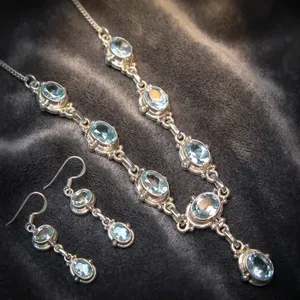 Conjunto de Joyería de Plata de Ley 925 con Topacio Azul, Collar y Pendientes Hechos a Mano para Mujer, Joyería de Piedras Preciosas al por Mayor - Product Image 4