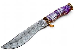 Couteau utilitaire d'extérieur artisanal en acier Damas avec manche en résine nacrée violette et garde-poignets en laiton - Product Image 6