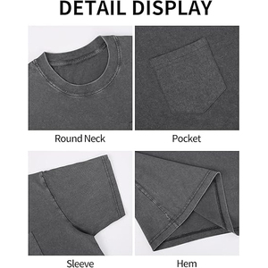 Camiseta de Manga Corta para Hombre, Cuello Redondo, Color Gris, con Bolsillo en el Pecho, Corte Regular, Algodón Lavado, Estilo Casual - Product Image 2