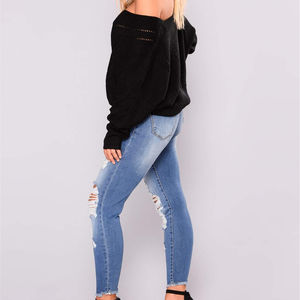 Jean en denim déchiré taille haute pour femme grande taille, coupe skinny, longueur cheville, style décontracté, en coton et élasthanne délavé - Product Image 3