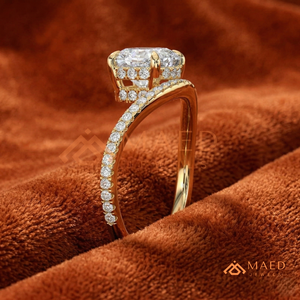 Luxury Round Cut Halo Diamond Engagement <b>Ring</b> <b>Split</b> Shank Pavé Band – 14K Yellow Gold - Product Image 2