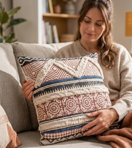 Funda de Cojín Bohemian Heritage con Rayas Estampadas a Mano, Funda de Almohada de Algodón para Sofá, Cama y Decoración del Hogar - Product Image 2