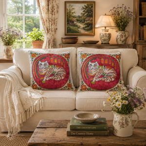 Square Kashmiri Aari Hand Embroidered Cotton pillow cover <b>silk</b> thread Red Cat design eco friendly zip closure Luxury Accent - Product Image 4