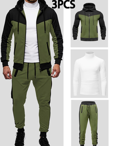 3pcs Men's Casual Hooded Patchwork Set with Long-sleeved Solid-color T-shirt Men's Casual Sportswear Set made in Bangladesh - Product Image 1