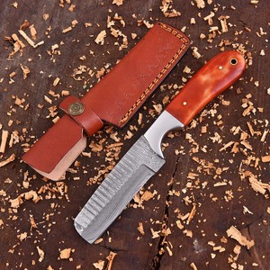 Couteau de boucher de cowboy en acier Damas forgé à la main, personnalisé OEM, lame pleine longueur EDC, manche en résine avec étui en cuir - Product Image 5