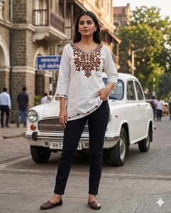 Trendy Women Cotton Short <b>Kurti</b> With Embroidered Neck And Hem Loose Fit Traditional <b>Indian</b> Pakistani Top Casual Wear All Seasons - Product Image 1