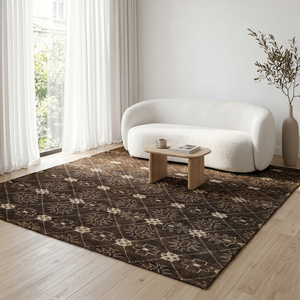 Alfombra Anudada a Mano Color Marrón Oscuro con Diseño de Flores de Espresso, Alfombra Geométrica con Diamantes Florales para Sala de Estar e Interiores de Hotel - Product Image 3