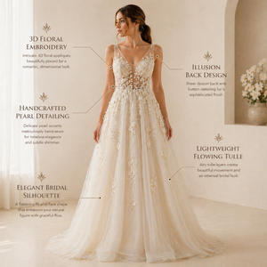 Robe de mariée bohème élégante ivoire avec appliques florales en dentelle et traîne en tulle |   Robe longue sans manches, col en V, dos nu |   OEM - Product Image 4