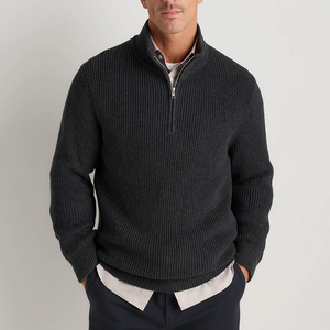 Pull à col montant en tricot côtelé gris foncé pour homme, col demi-zip, décontracté, pour l'hiver - Product Image 1