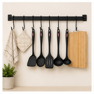 Space-Saving Wall Mounted Kitchen Organizer Rack Heavy-Duty Black Metal Rail with S-<b>Hooks</b> for Utensils Mugs and Cookware Storage - Product Image 4