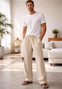 Men Premium Beige Cotton Linen Blend Relaxed Fit <b>Drawstring</b> <b>Trousers</b> Effortless Style And Breathable Lightweight Fabric Pant - Product Image 2