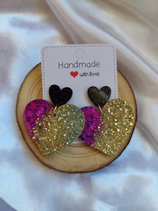 Handmade Heart Shape Glitter Earrings <b>Pink</b> Gold Black Fashionable Valentine'S Day <b>Gift</b> Plastic Resin Jewelry Set - Product Image 3