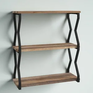 Industrial Wood Wall Mounted Bookshelf 3 Tier Storage Rack for Living Room Durable Metal <b>Frame</b> - Product Image 3