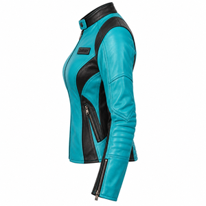 Blouson en cuir bleu sarcelle pour femme, coupe slim, style motard, avec empiècements noirs sur les côtés, col à boutons-pression, poignets zippés, veste de course personnalisée Darkry - Product Image 4