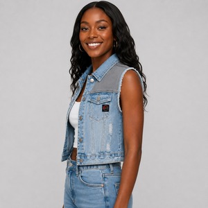 Gilet en jean pour femme de haute qualité, fabriqué en denim résistant, avec un look sans manches élégant, des poches sécurisées et une coupe confortable. - Product Image 2