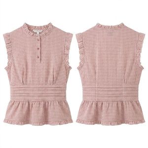 Camisas Casuales Tejidas Cómodas y Suaves con Estampado a Cuadros Clásico Rosa, Blusas sin Mangas con Cuello Alto y Cintura Fruncida - Product Image 1