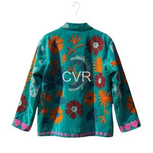Manteau en velours brodé à la main style bohème, manches longues, grande taille, vêtements d'extérieur décontractés pour femmes, col rabattu, printemps - Product Image 1