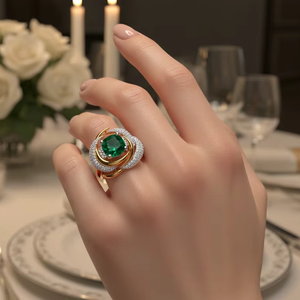 แหวนหมั้นดีไซน์วงแหวนเกลียวประดับมรกตเปลวไฟที่เชื่อมต่อกันอย่างมีเอกลักษณ์ - Product Image 3