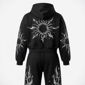 Custom Flame Graphic Printing <b>Black</b> Fleece <b>Zip</b>-<b>up</b> <b>Hoodie</b> and Joggers Set with Silver Glitter Sun Tracksuit For Streetwear - Product Image 2