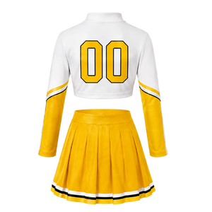 Bright Yellow <b>White</b> Sublimated Cheer <b>Long</b> Sleeve Uniform Set Pleated <b>Skirt</b> Team Sportswear Athletic Training Practice Custom - Product Image 3