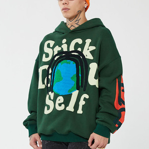 Sweat-shirt à capuche vert surdimensionné pour homme, streetwear, coton écologique, logo imprimé sur le devant, design Terre, coupe classique, vêtement d'automne - Product Image 5