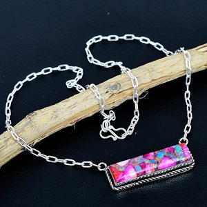 Collier bar en argent sterling 925 plaqué, fait main, avec pierre précieuse naturelle d'huître rose, design exclusif - Product Image 1