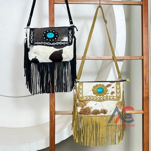 High Quality <b>Boho</b> Women's Western Style Fur Suede Leather Fringe Shoulder <b>Bag</b> With Turquoise Stone New Logo Print Hide Design - Product Image 1
