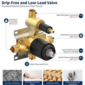 Set Doccia a Cascata da Parete Nero Opaco con Rubinetto NPT Maschio e LED per Applicazioni in Camera da Letto - Product Image 6