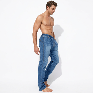 Wholesalers Online Men's Mid-Rise Straight Fit Slim Breathable <b>Jeans</b> Regular Wash Solid Blue Cotton Casual Pants <b>Button</b> <b>Fly</b> - Product Image 5
